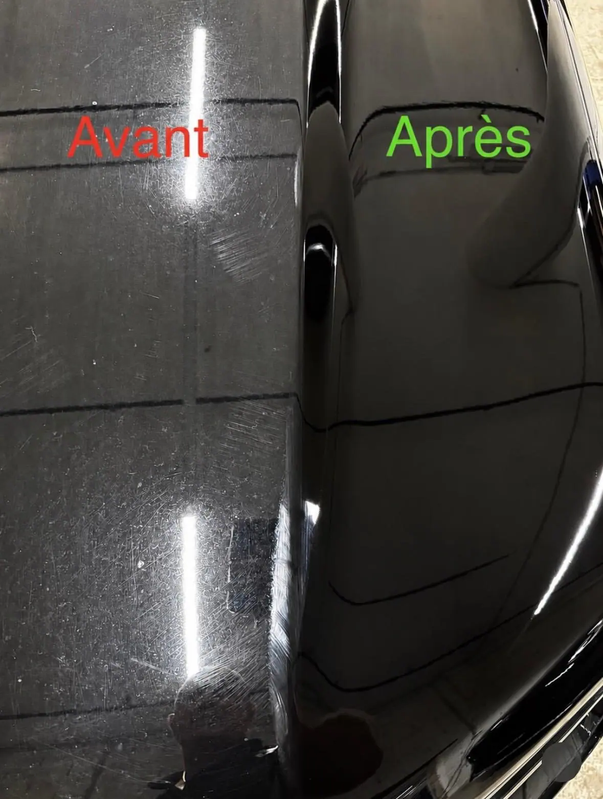 Comparatif avant après sur un capot noir poli
